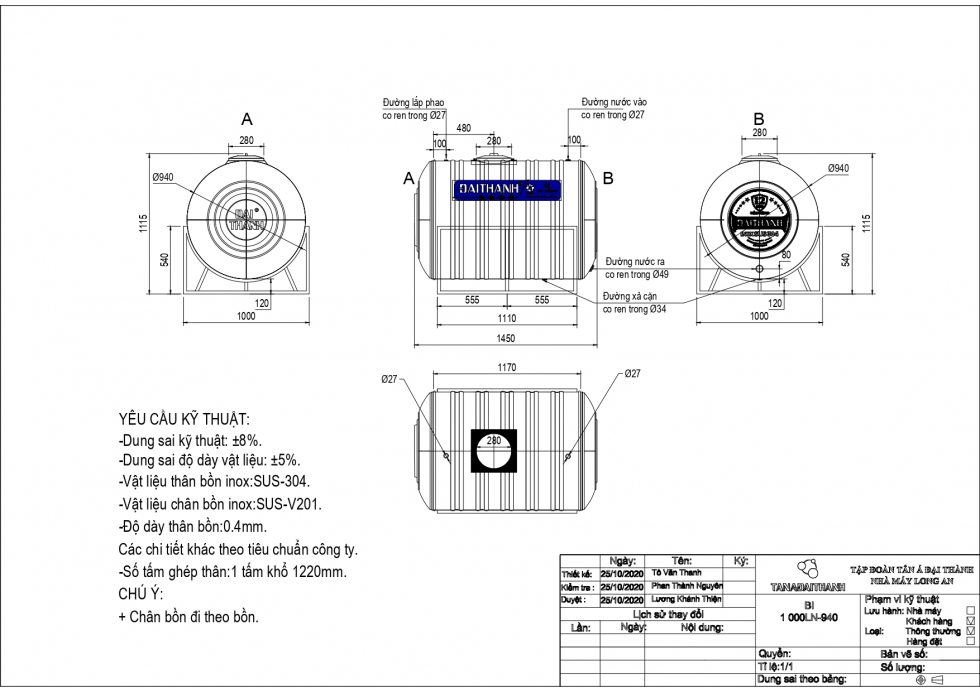 Bản vẽ bồn nước inox 1000 lít nằm Đại Thành