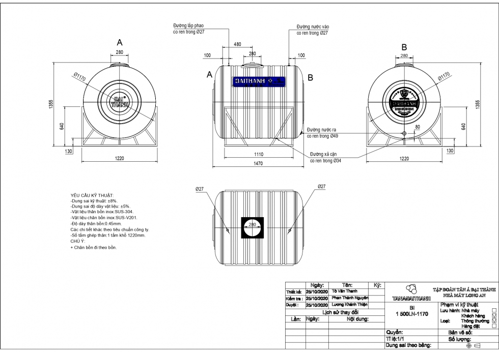 Bản vẽ bồn nước inox 1500 lít ngang Đại Thành