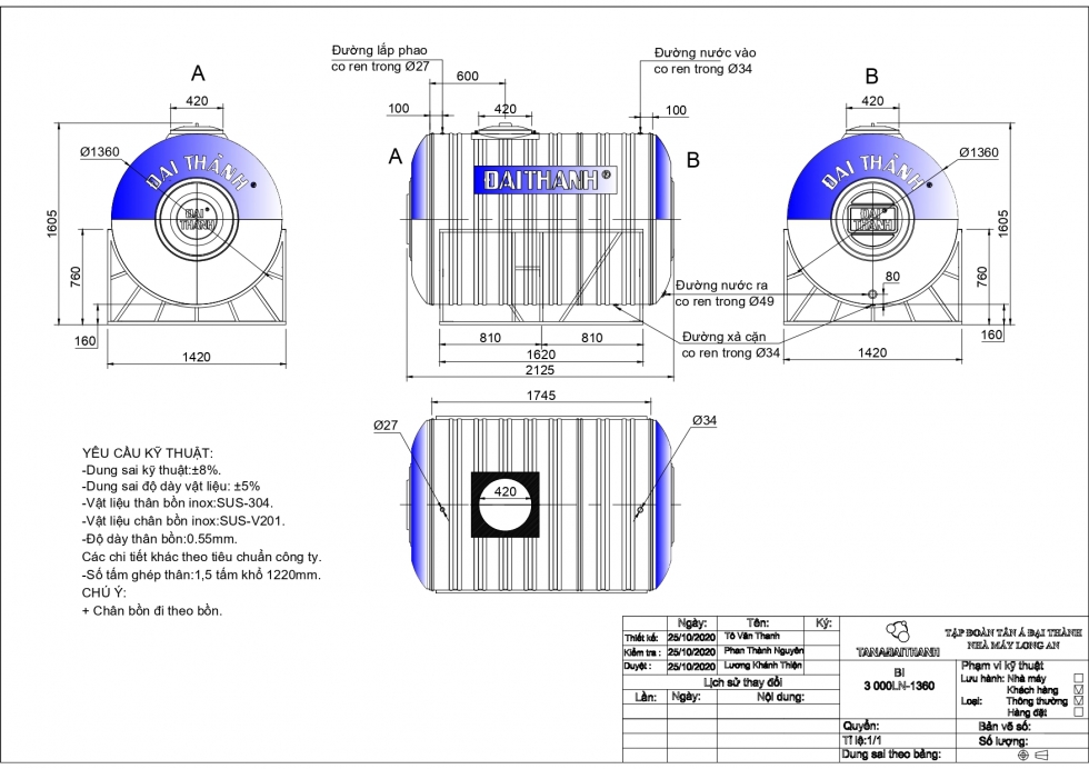 Bản vẽ bồn nước inox 3000 lít nằm ngang Đại Thành
