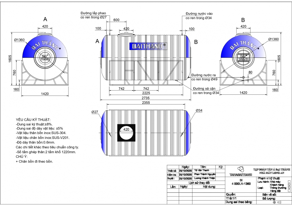 Bản vẽ bồn nước inox 4000 lít nằm ngang Đại Thành 