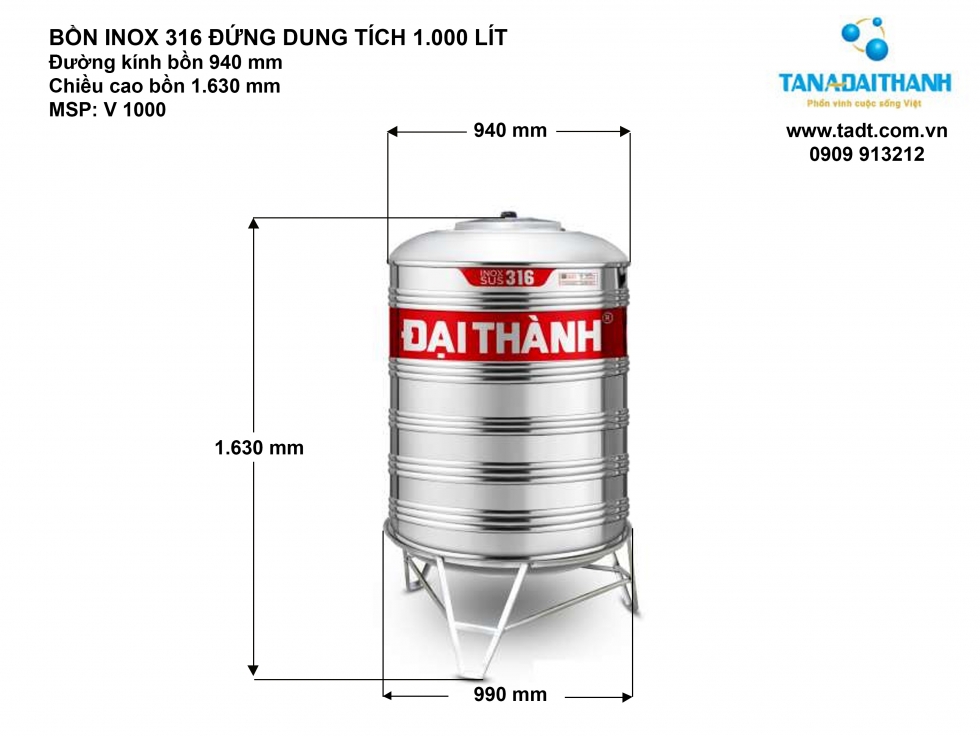 Kích thước bồn nước inox 1000L đứng