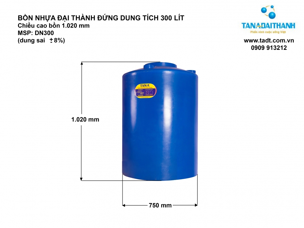 Kích thước bồn nước nhựa 300 lít đứng