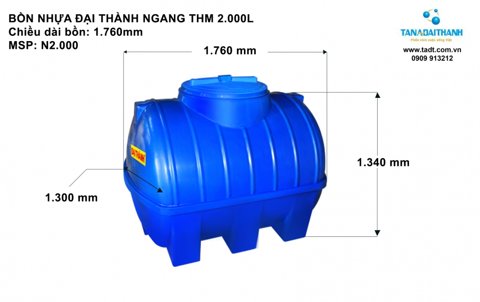 Kích thước bồn nước Đại Thành 2000L nằm