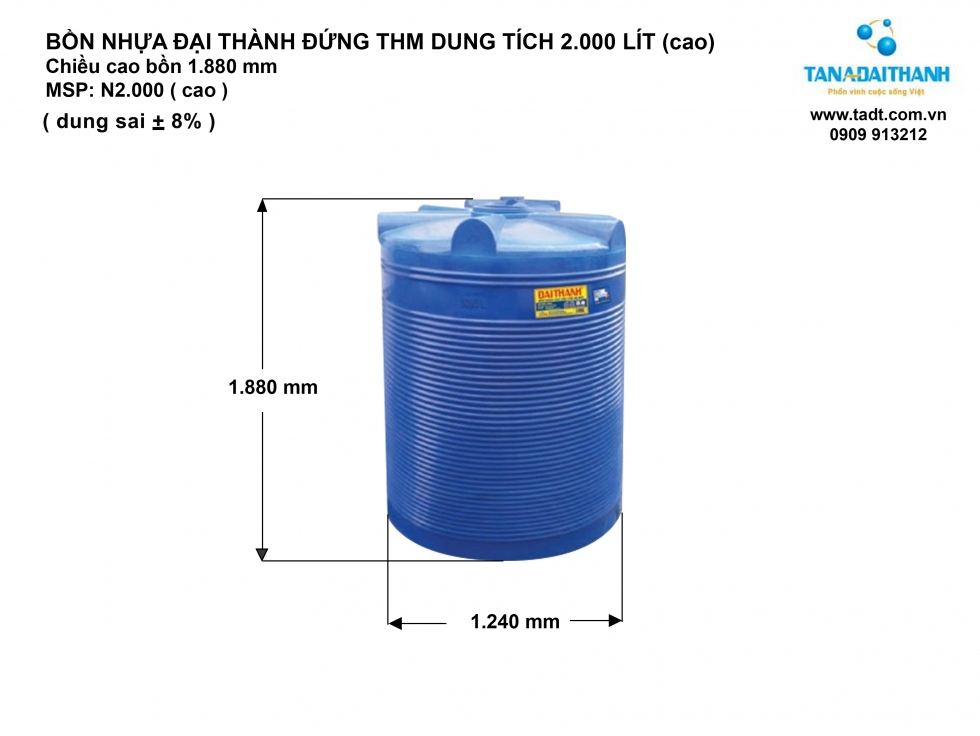 Kích thước bồn nước Đại Thành 2000L đứng