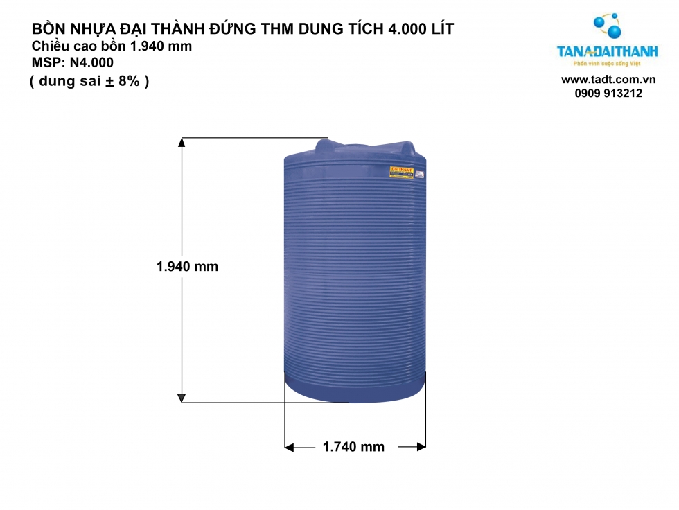 Kích thước bồn nước nhựa 4000L