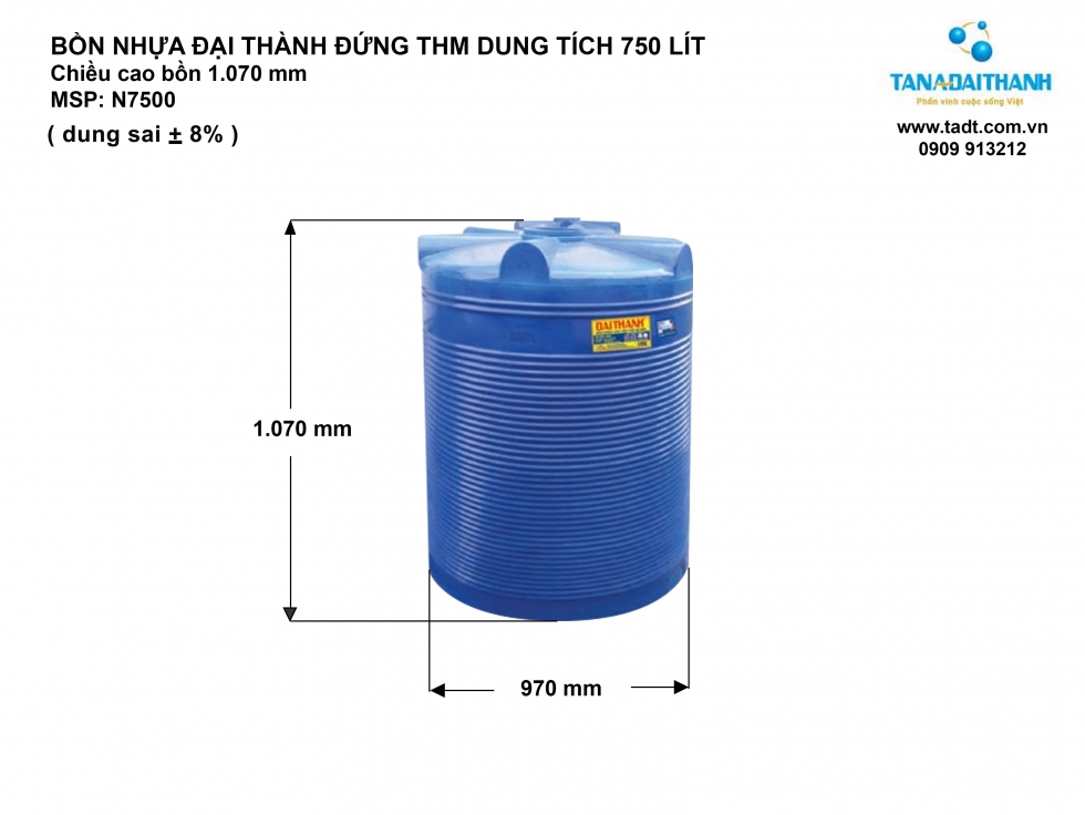 Kích thước bồn nước nhựa 750L đứng