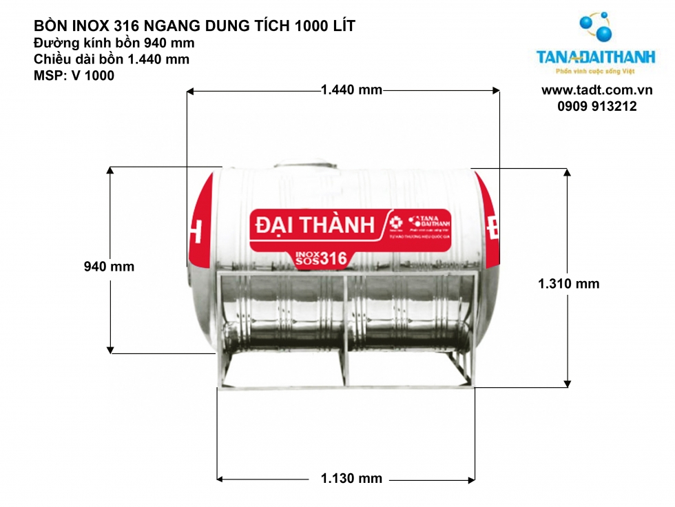 Kích thước bồn nước inox 1000L nằm ngang