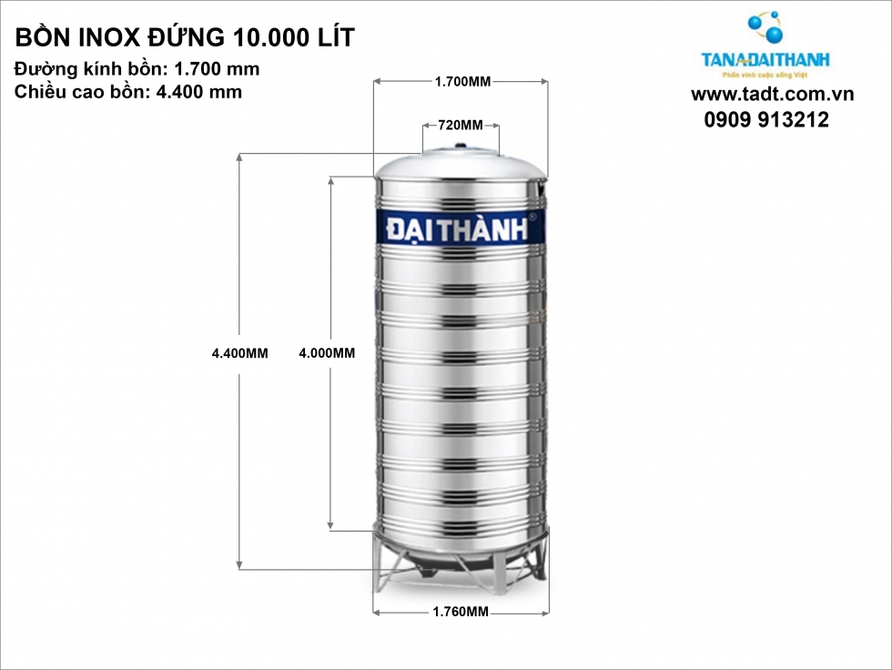 Kích thước bồn nước inox 10000L đứng