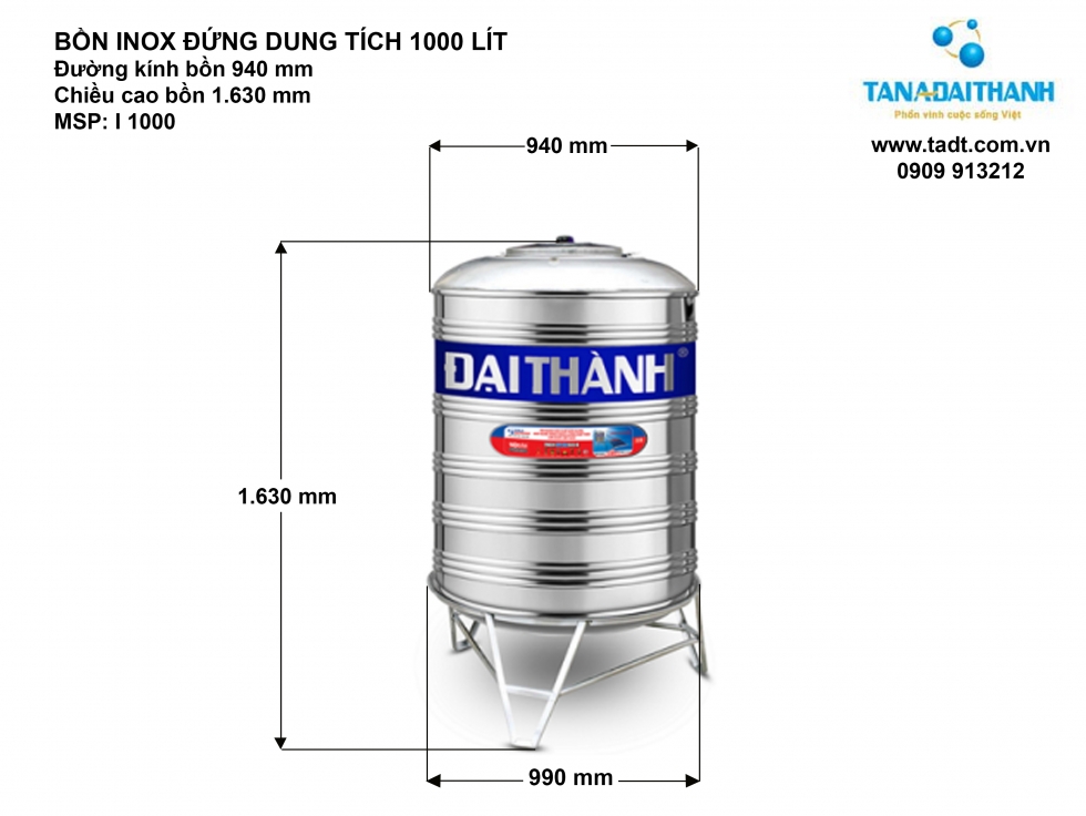 Kích thước bồn nước inox 1000L đứng