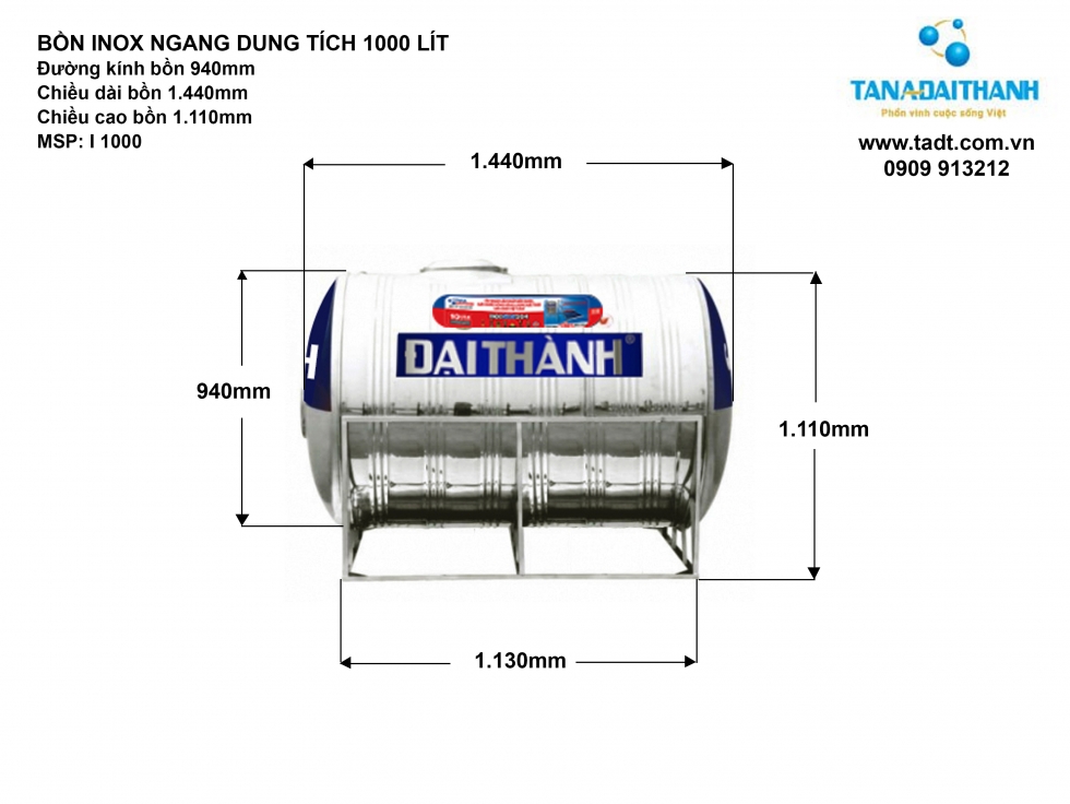 Kích thước bồn nước inox 1000L nằm