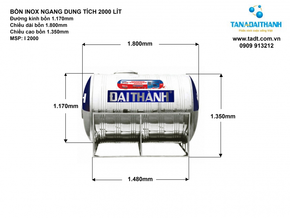 Kích thước bồn nước Đại Thành 2000L ngang