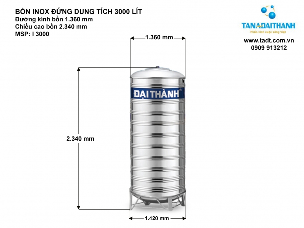 Kích thước bồn inox Đại Thành 3000 lít Đứng