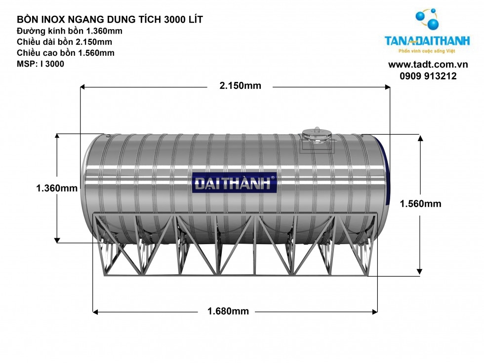 Kích thước bồn nước inox 3000L nằm ngang