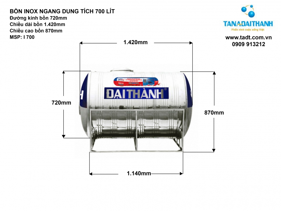 Kích thước bồn nước inox 700L nằm ngang