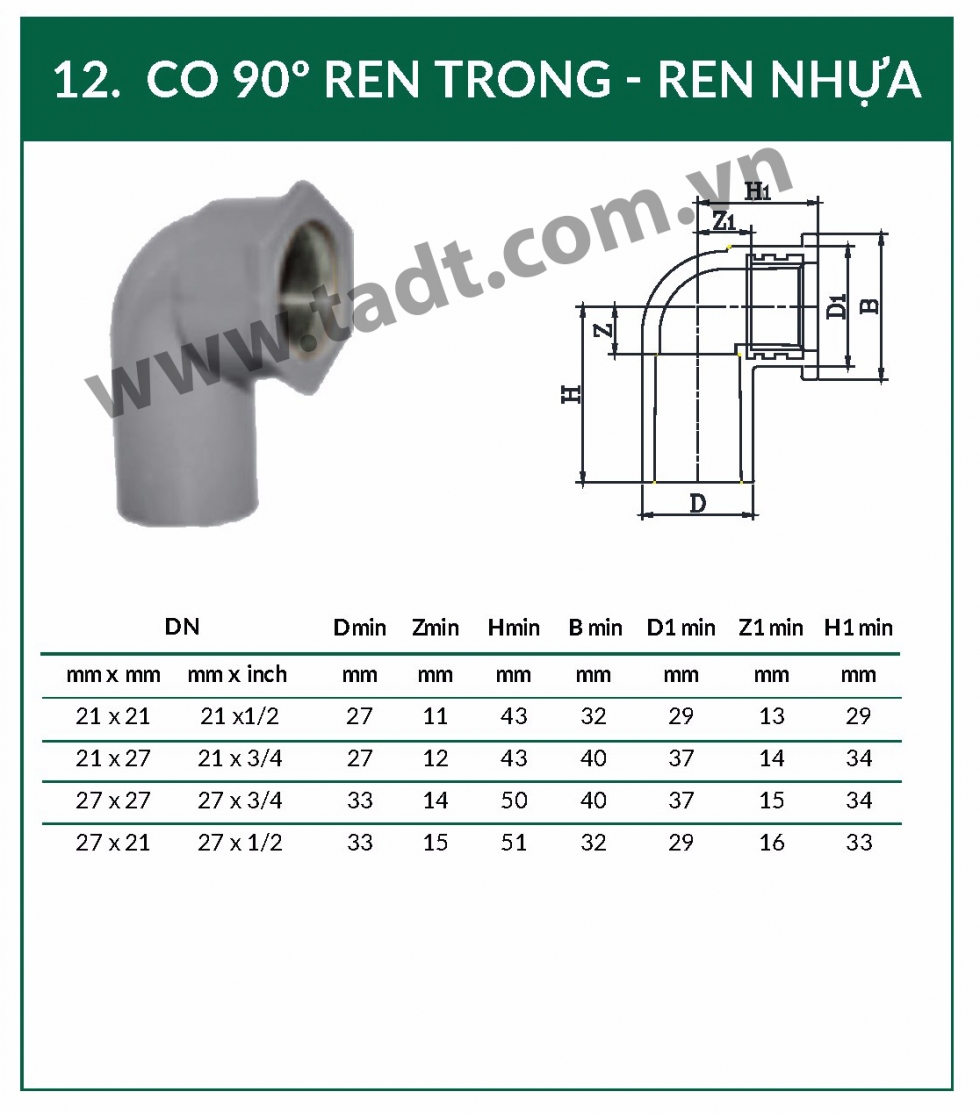 Co 90 độ ren trong - ren nhựa STROMAN Tân Á Đại Thành. Co 90 độ ren ...